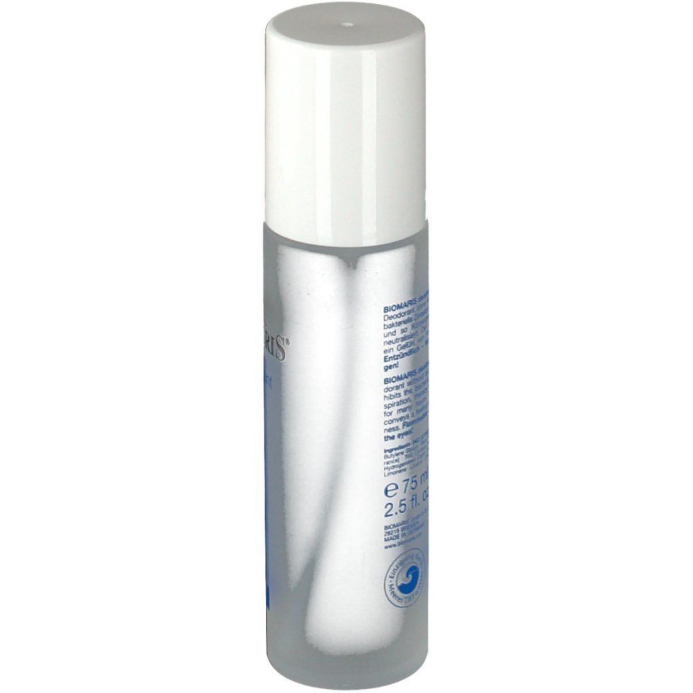 BIOMARIS Deodorant Spray Flasche. Zylindrische Form, weißer Deckel, transparente Flasche. Rückseite mit Text und Logo.