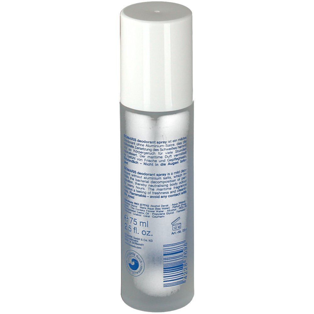 BIOMARIS Deodorant Spray Flasche. Zylindrische Form, weißer Deckel, transparente Flasche. Rückseite mit Text, Logo und Volumen.
