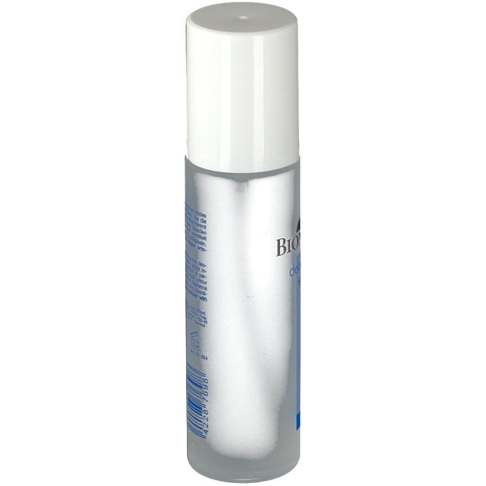 BIOMARIS Deodorant Spray Flasche. Zylindrische Form, weißer Deckel, transparente Flasche. Rückseite mit Text und Logo.