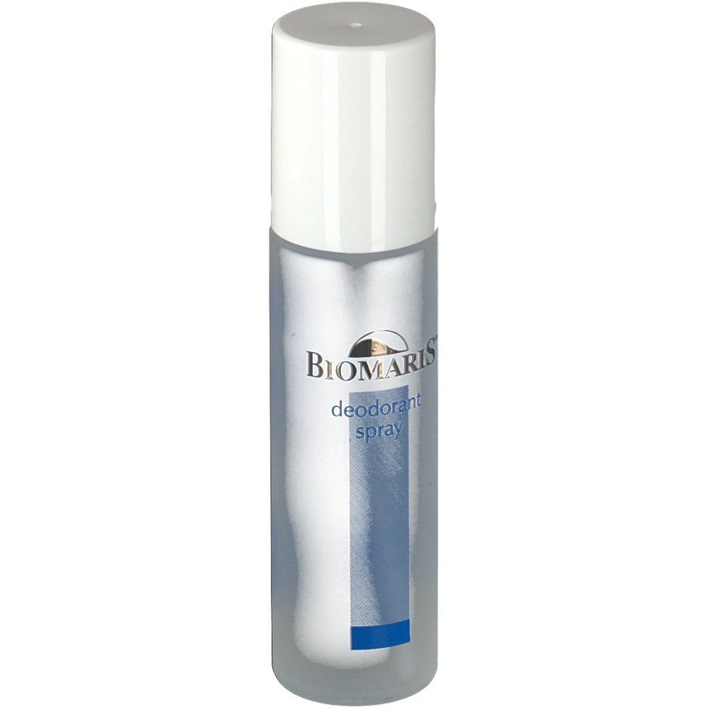BIOMARIS Deodorant Spray Flasche. Zylindrische Form, weißer Deckel, transparente Flasche mit blauen Akzenten. Aufschrift.
