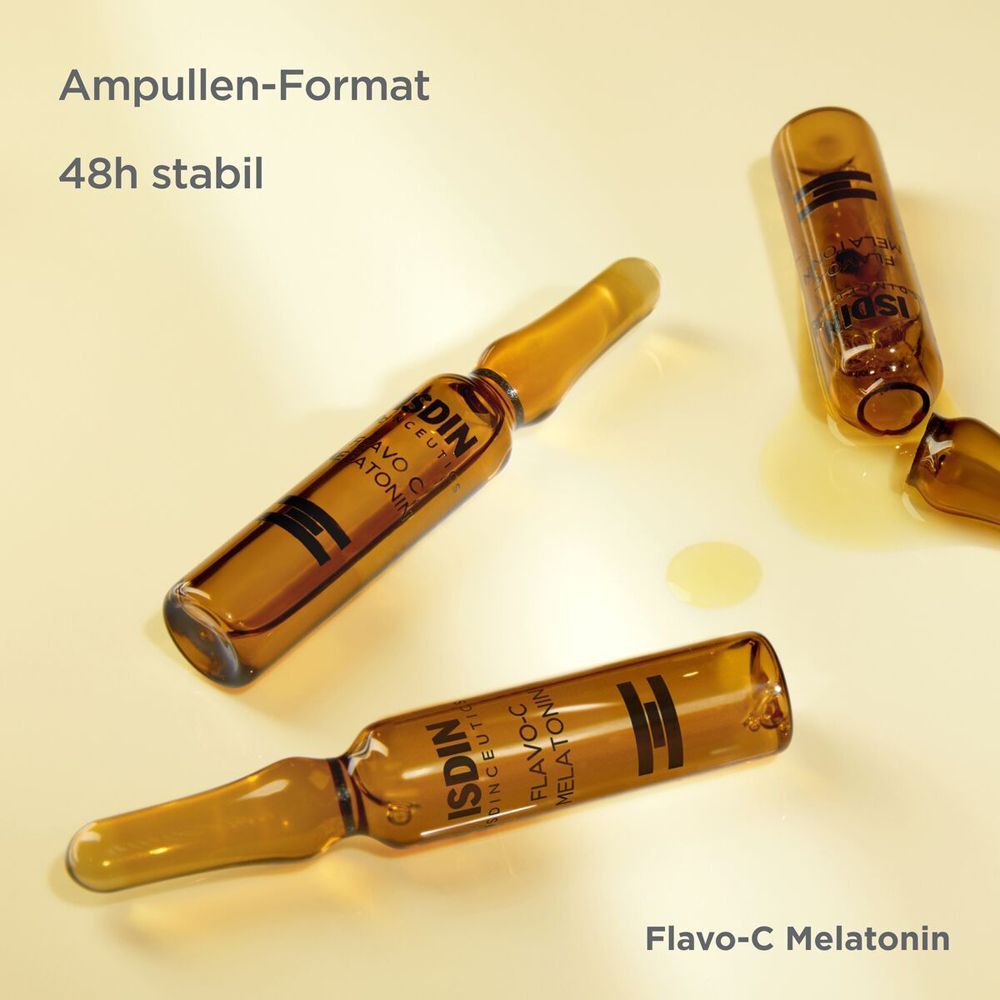 Drei Ampullen auf gelbem Hintergrund. Aufschrift: ISDIN. Text: Ampullen-Format, 48h stabil.