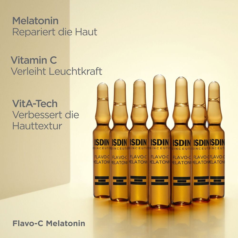 Reihe von Ampullen. Aufschrift: ISDIN. Text: Melatonin repariert, Vitamin C verleiht Leuchtkraft, Vita-Tech verbessert Textur.