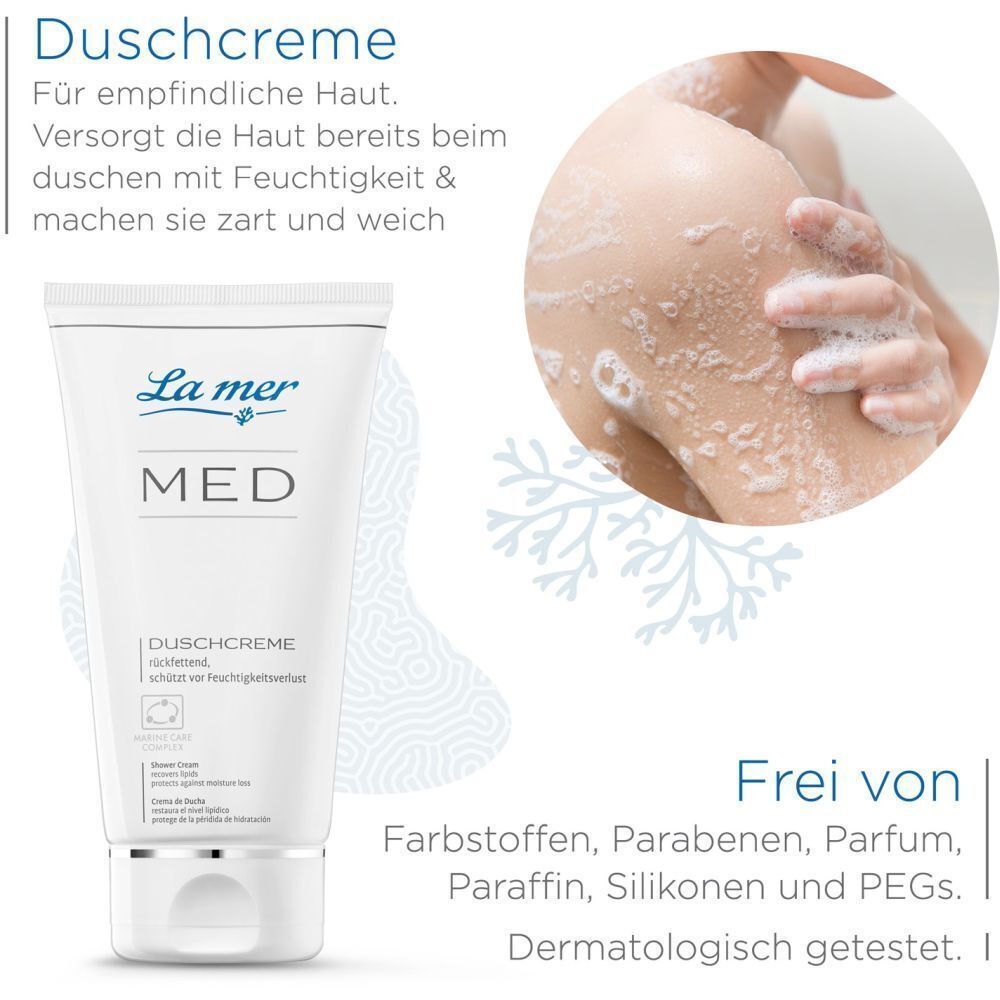 La mer MED Duschcreme. Text: Für empfindliche Haut. Frei von Farbstoffen, Parabenen, Parfum, Paraffin, Silikonen und PEGs. Dermatologisch getestet.