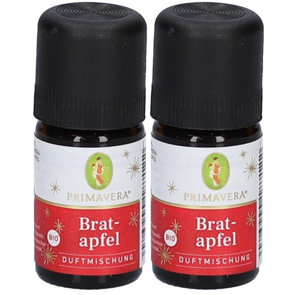 Zwei kleine Braunglasflaschen mit schwarzen Schraubverschlüssen, gefüllt mit Bratapfel Duftmischung.
