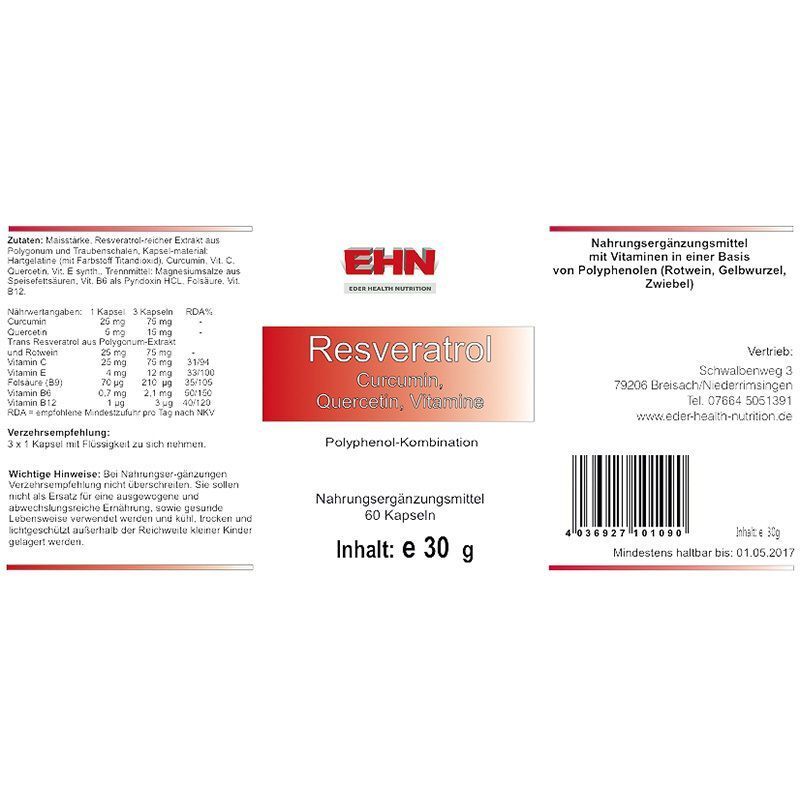 Etikett mit Text. Aufschrift: Resveratrol, Quercetin, Vitamine. Marke EHN. Inhalt: 60 Kapseln, e 30 g. Mit Zutatenliste und Barcode.