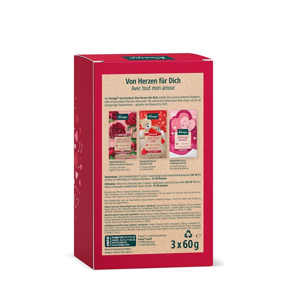Rote Geschenkbox, Rückseite. Text: Von Herzen FÜR DICH. Kneipp Logo. 3x60g. Abbildungen von Badezusätzen.