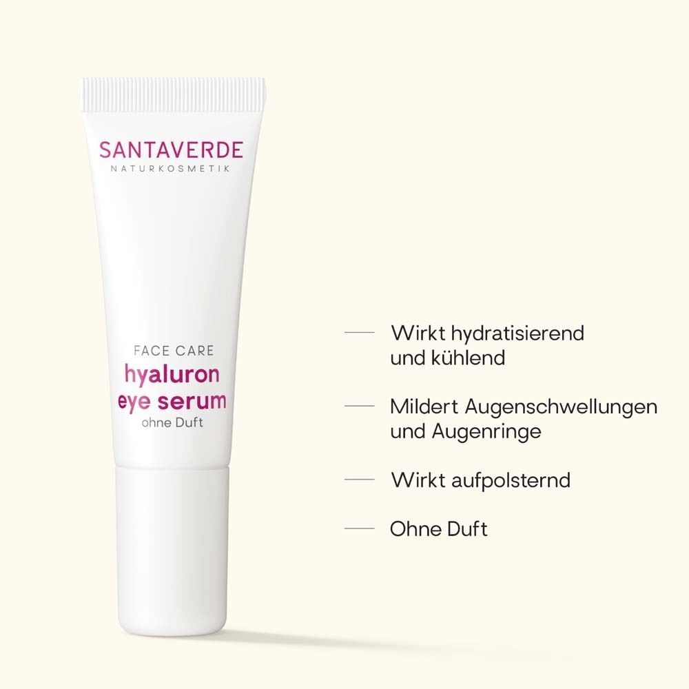 Tube SANTAVERDE Hyaluron Augenserum. Weiße Tube mit lila Schriftzug. Aufschrift: FACE CARE, hyaluron eye serum, ohne Duft. Text: Wirkt hydratisierend, kühlend.