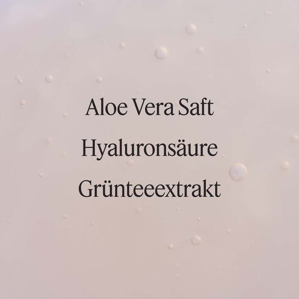Text auf rosa Hintergrund: Aloe Vera Saft, Hyaluronsäure, Grünteeextrakt.