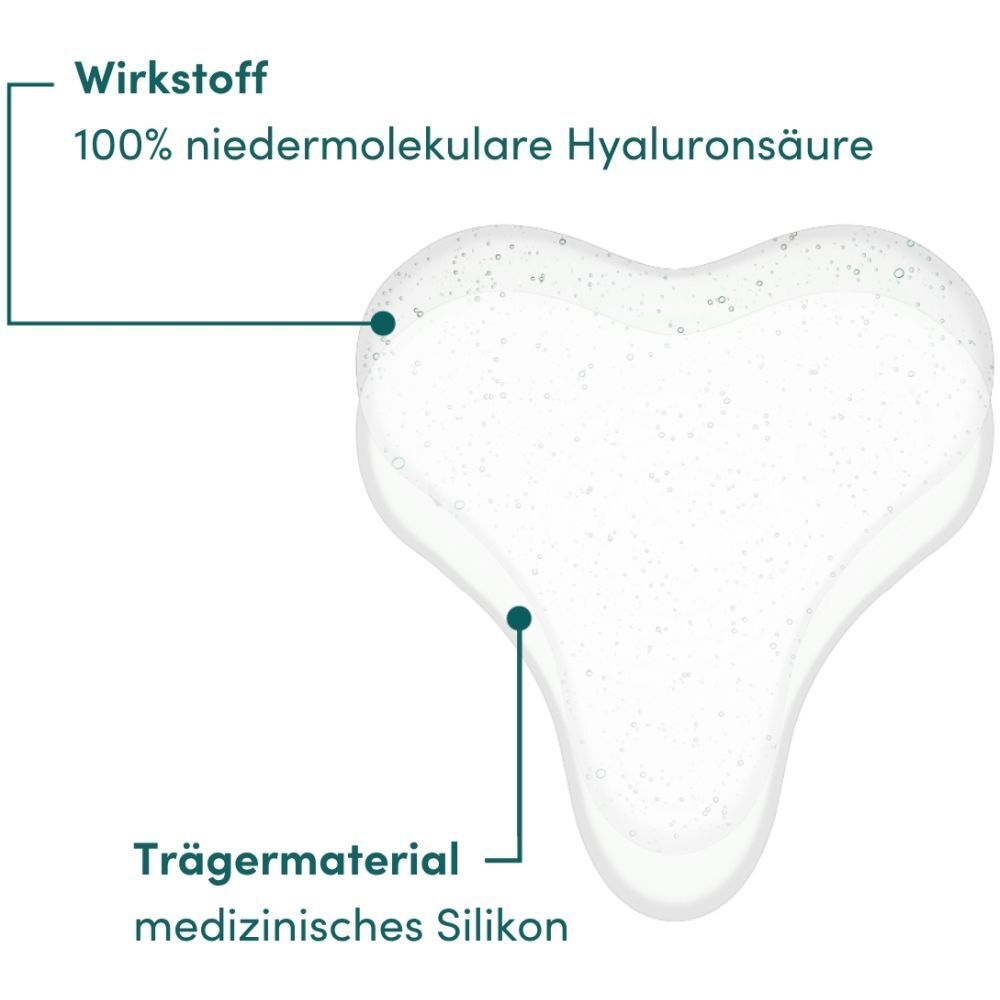 Detailansicht des Dekolleté-Pads: Trägermaterial medizinisches Silikon, Wirkstoff Hyaluronsäure.