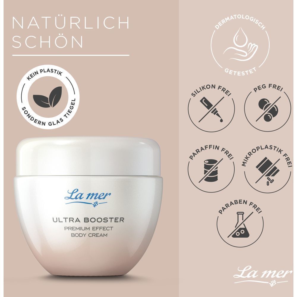 Cremetiegel mit Qualitätssiegeln. Aufschrift: La mer, Ultra Booster, Premium Effect, Body Cream. Hintergrund: beige.
