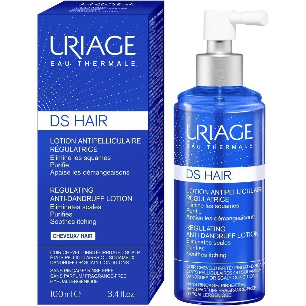 Produktverpackung: blaue Schachtel und Flasche mit Dosierkopf. Text: URIAGE DS HAIR. 100 ml, 3.4 fl.oz.