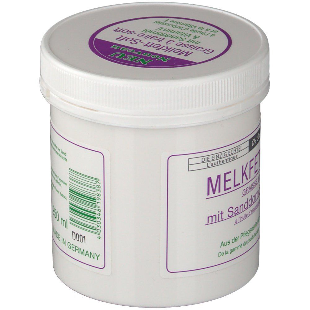 Weißer Tiegel mit Deckel. Aufschrift: MELKFETT-SOFT mit Sanddornöl & Vitamin E. Etikett mit Text und Logo.