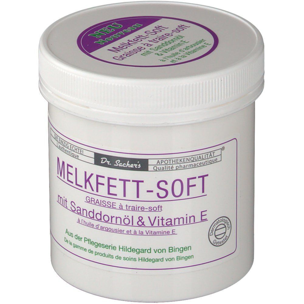Weißer Tiegel mit Deckel. Aufschrift: Dr. Sachers MELKFETT-SOFT mit Sanddornöl & Vitamin E. Apothekenqualität.