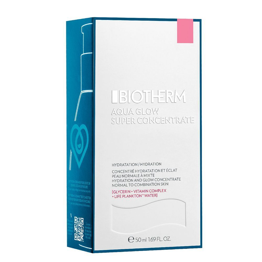 Eine blaue Verpackung mit weißer Vorderseite. Auf der Vorderseite steht BIOTHERM Aqua Glow Super Concentrate. Unten steht 50 ml 1.69 FL. OZ.