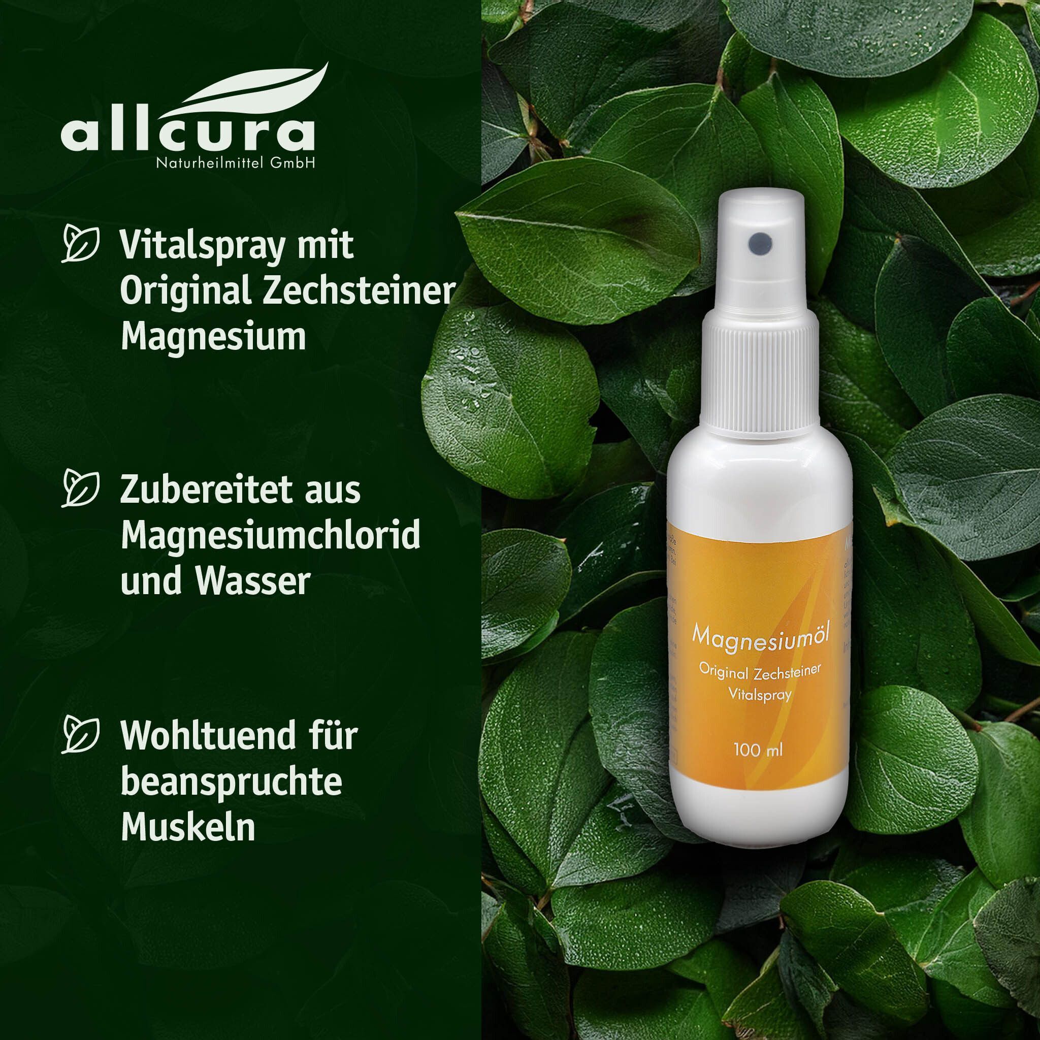 Weiße Sprühflasche mit gelbem Etikett. Aufschrift: Magnesiumöl, Original Zechsteiner Vitalspray, 100 ml. Umgeben von Blättern.