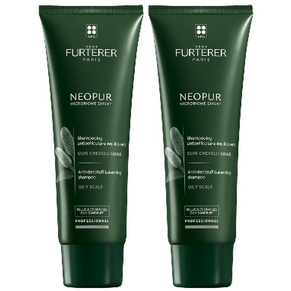 Zwei grüne Tuben Shampoo. Aufschrift: FURTERER PARIS, NEOPUR, Anti-Schuppen Shampoo für fettige Kopfhaut.