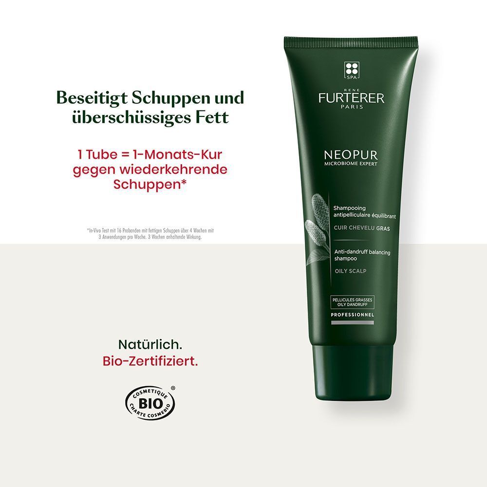 Grüne Tube Shampoo. Text: FURTERER PARIS, NEOPUR, Anti-Schuppen Shampoo. Bio-Zertifizierung.