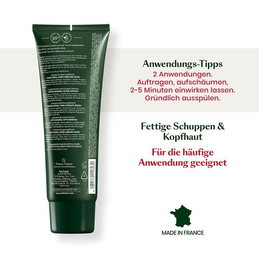 Rückseite der grünen Tube Shampoo. Text: Anwendungshinweise. Für die häufige Anwendung geeignet. Made in France.