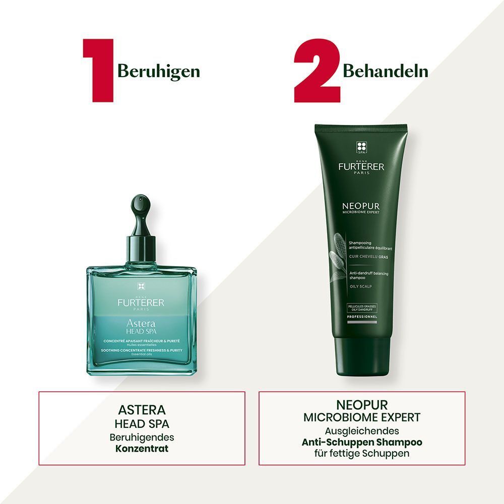 Zwei Produkte: Astera Head Spa Konzentrat und NEOPUR Anti-Schuppen Shampoo für fettige Schuppen.