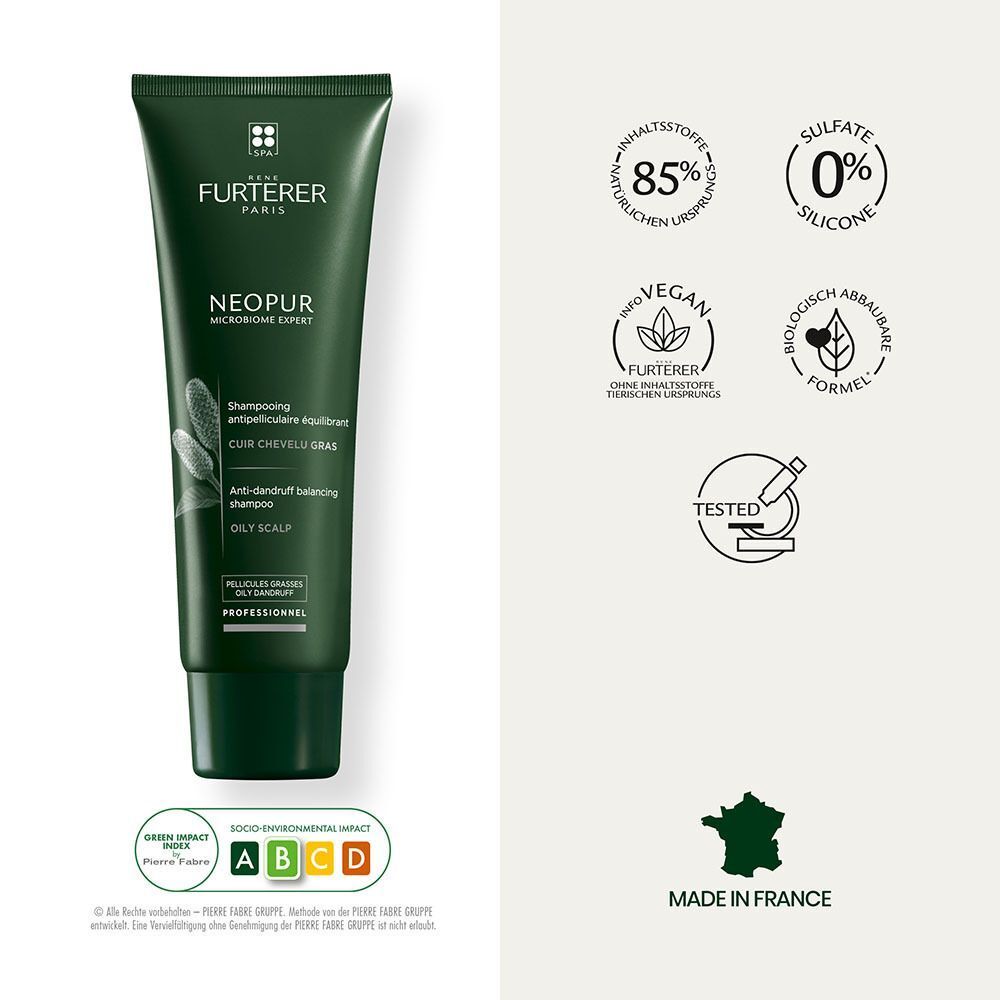 Grüne Tube Shampoo. Text: FURTERER PARIS, NEOPUR, Anti-Schuppen Shampoo für fettige Kopfhaut. Zertifizierungen.
