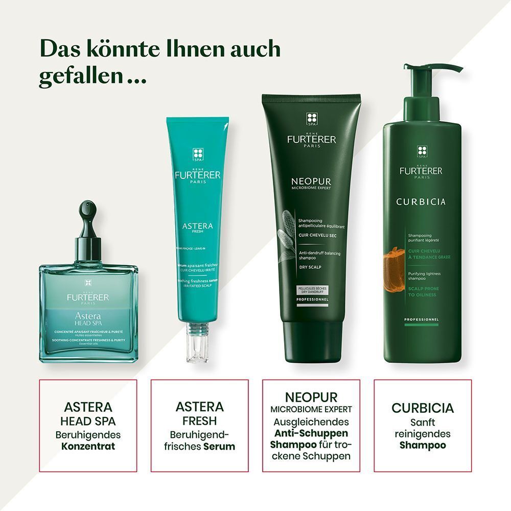 Vier Produkte. Astera Head Spa Konzentrat, Astera Fresh Serum, NEOPUR Anti-Schuppen Shampoo, Curbicia Shampoo.