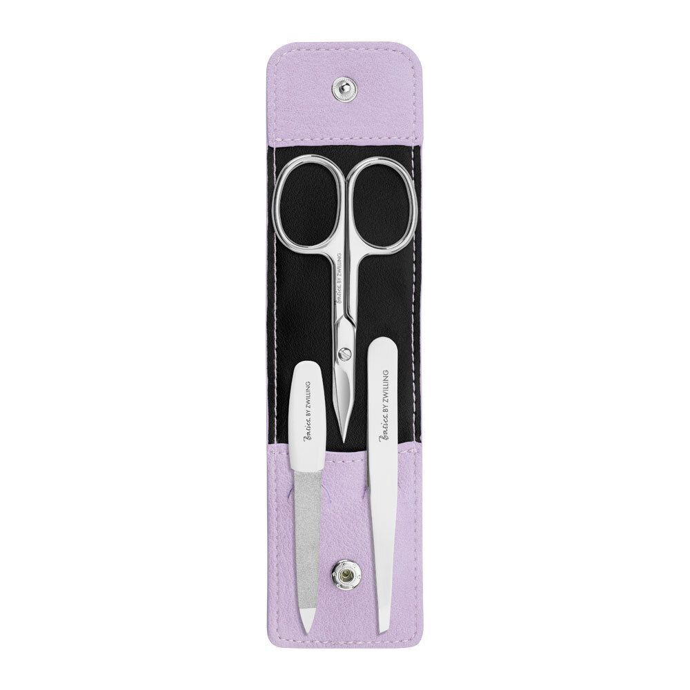 Nagelpflege-Set in rosa Etui. Enthält Schere, Feile und Pinzette. Marke: Basics by Zwilling. Edelstahl.