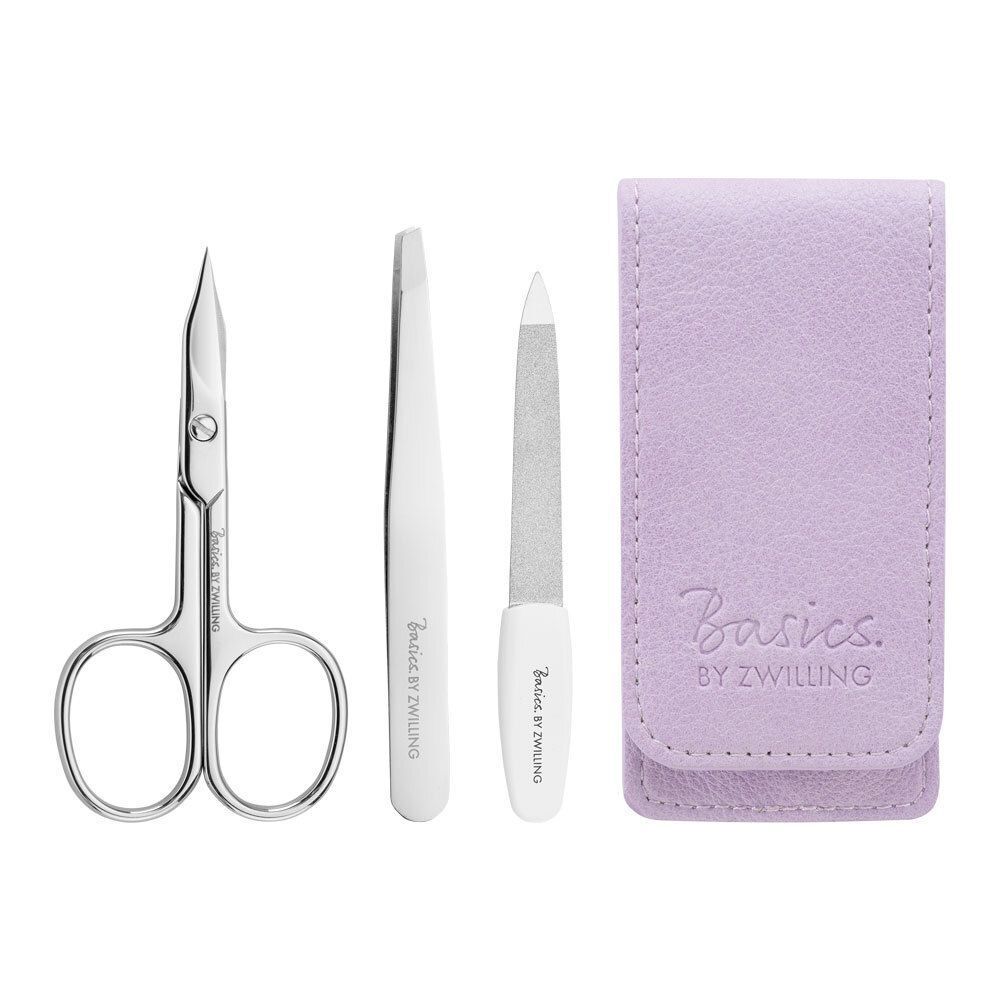 Nagelpflege-Set mit Schere, Pinzette und Feile. Marke: Basics by Zwilling. Edelstahl. Rosa Etui.