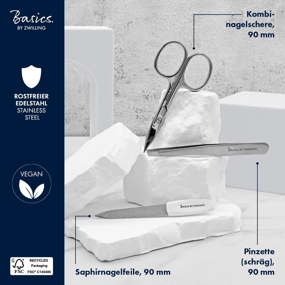 Nagelpflege-Set mit Schere, Pinzette und Feile. Marke: Basics by Zwilling. Edelstahl. Vegan. Verpackung recycelt.
