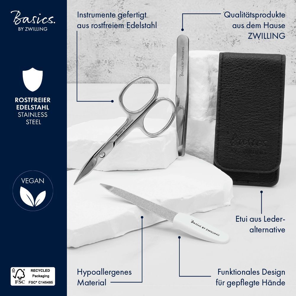 Nagelpflege-Set mit Schere, Pinzette und Feile. Marke: Basics by Zwilling. Edelstahl. Vegan. Etui aus Leder-Alternative.