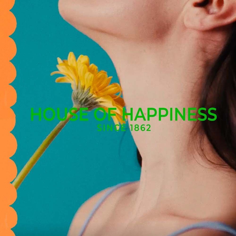 Gelbe Blume vor blauem Hintergrund. Text: 'HOUSE OF HAPPINESS' und 'SINCE 1862'.