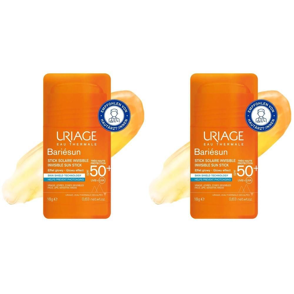 Zwei orangefarbene Sonnenschutzstifte mit der Aufschrift Uriage Bariésun. Mit SPF 50+.