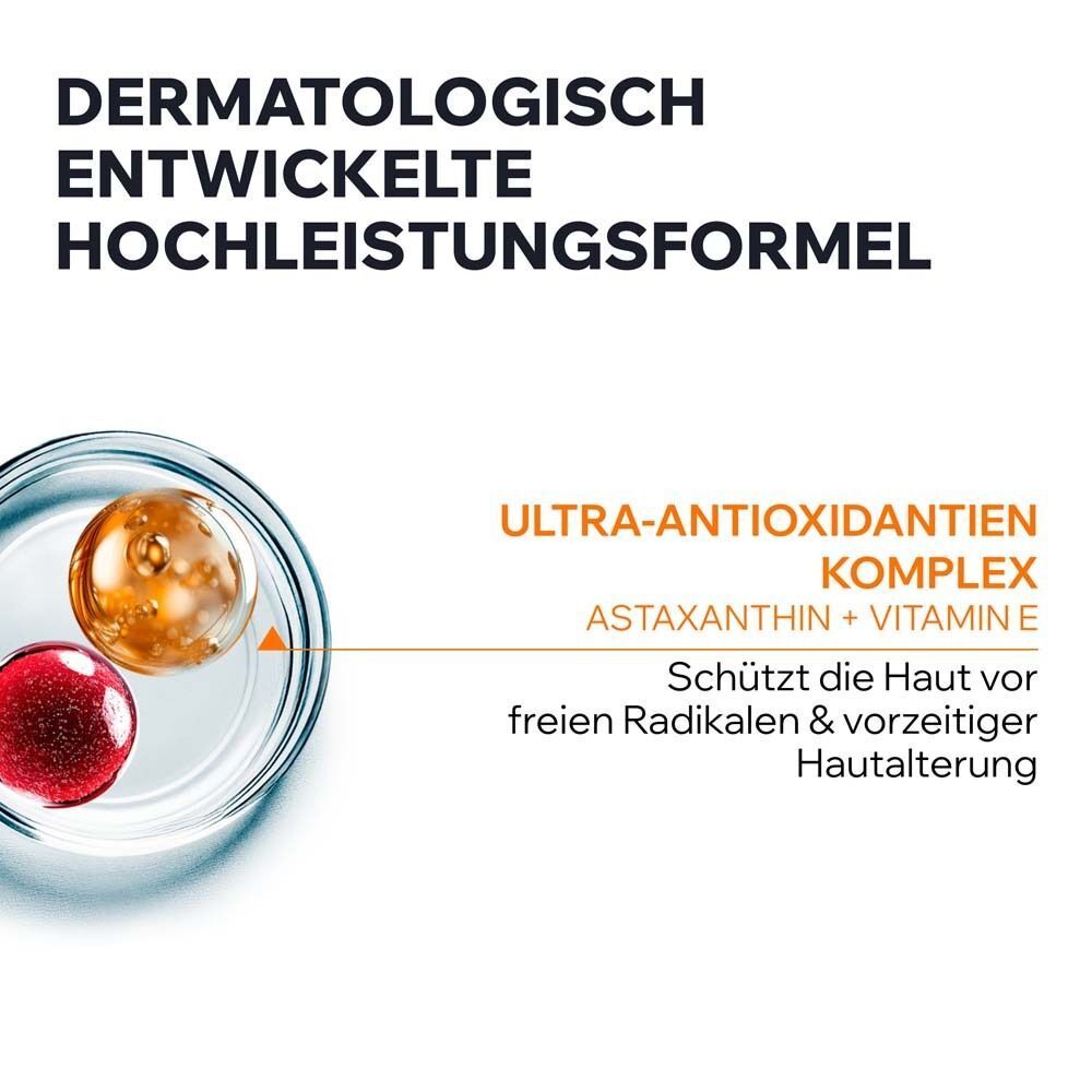 Nahaufnahme von zwei Flüssigkeiten in einer Glasware. Text: Ultra-Antioxidantien Komplex, Astaxanthin + Vitamin E.