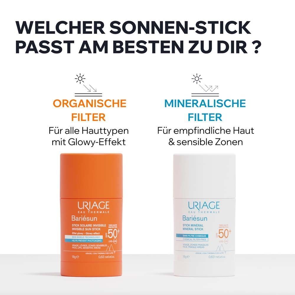 Zwei Sonnenschutzstifte. Links: Uriage Bariésun, organischer Filter. Rechts: Uriage Bariésun, mineralischer Filter.