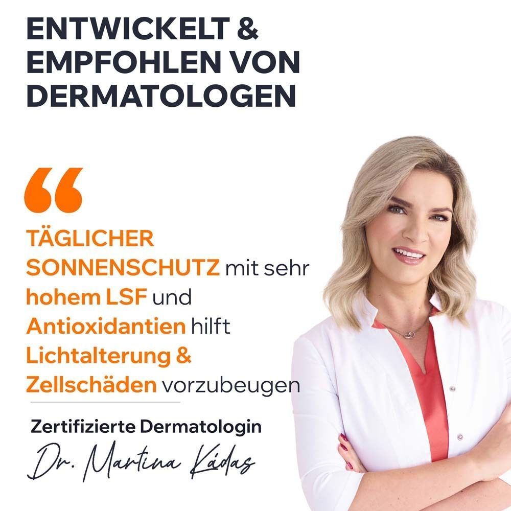 Eine Frau mit weißem Kittel. Text: Zertifizierte Dermatologin Dr. Martina Kädas. Täglichen Sonnenschutz.