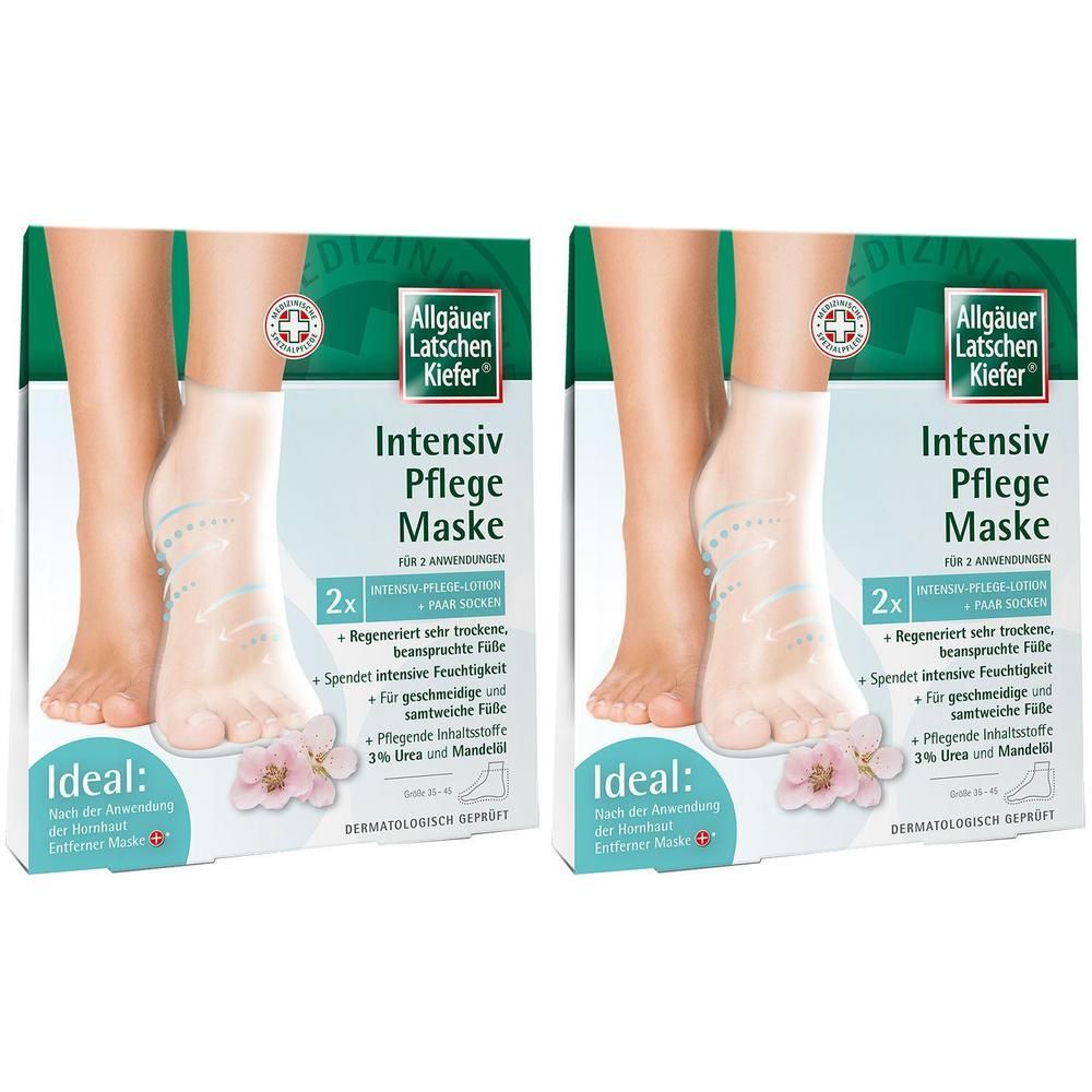 Zwei Packungen Fußmaske. Auf jeder Packung ist ein Fuß abgebildet, der in einer Maske steckt. Text: Intensiv Pflege Maske, 2x.