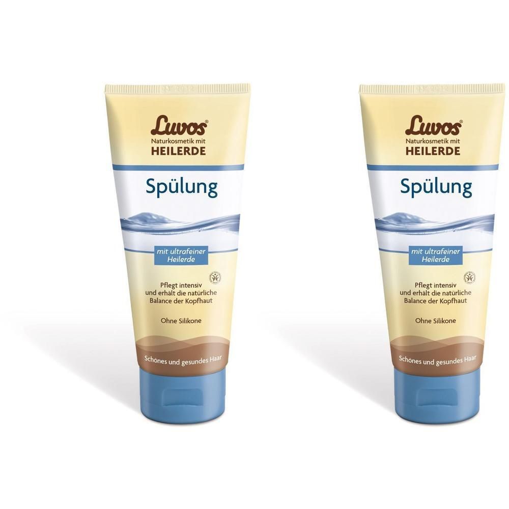 Zwei Tuben Luvos Naturkosmetik mit Heilerde Spülung. Beige Tube mit blauem Verschluss. Text: Spülung, ohne Silikone.