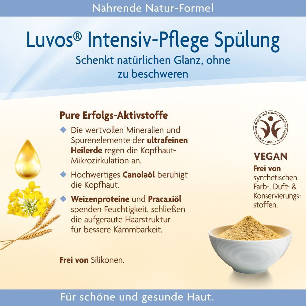 Infografik: Luvos Intensiv-Pflege Spülung. Inhaltsstoffe: Canolaöl, Weizenproteine, Pracaxiöl. Vegan-Siegel. Schale mit Pulver. Ohne Silikone.