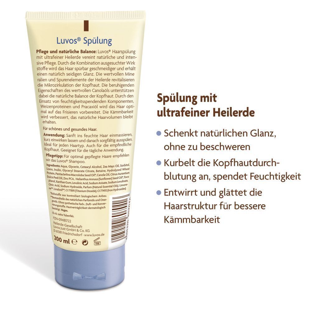 Rückseite der Tube Luvos Spülung. Text: Spülung mit ultrafeiner Heilerde. Schenkt Glanz, ohne zu beschweren. 200 ml.
