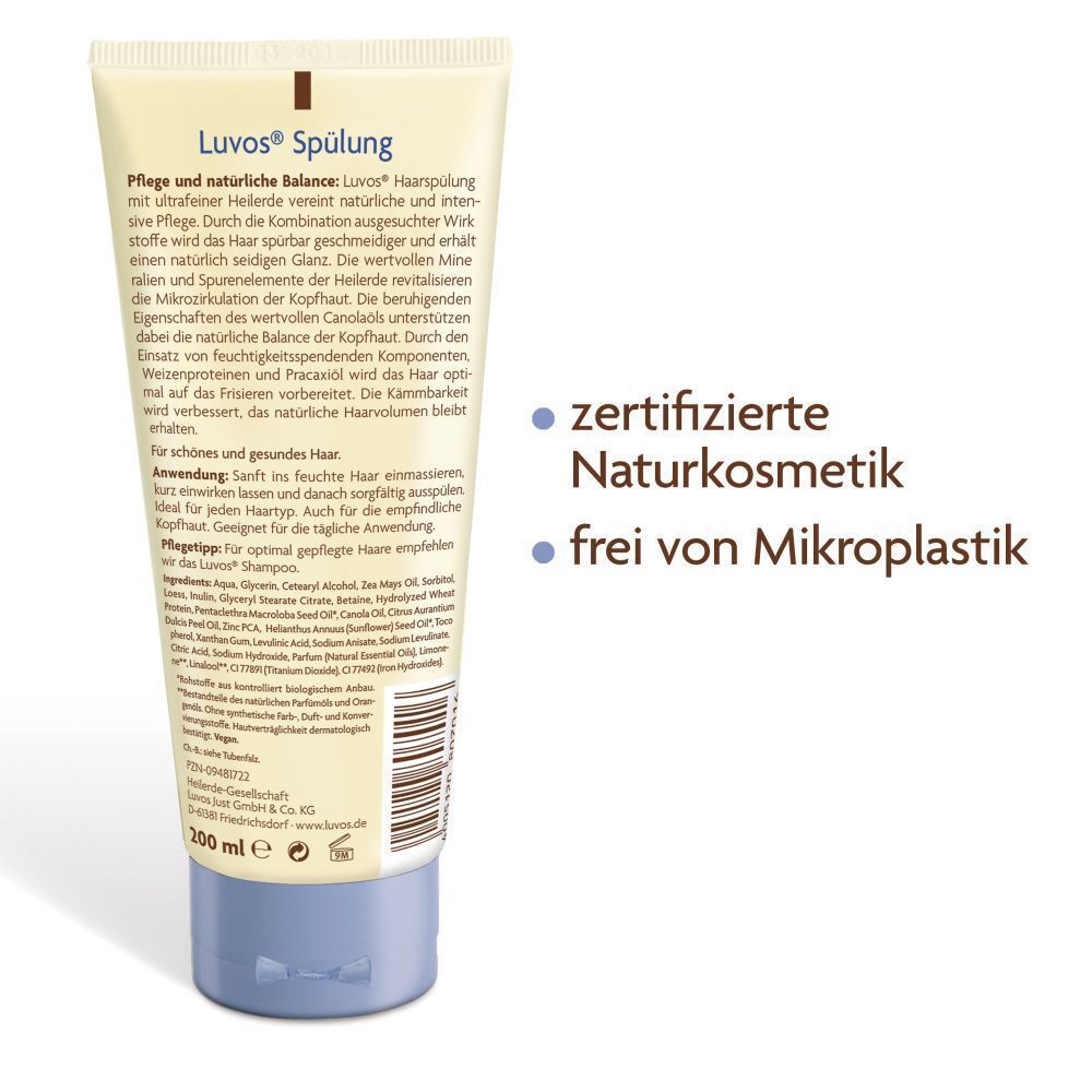 Rückseite der Tube Luvos Spülung. Text: zertifizierte Naturkosmetik, frei von Mikroplastik. 200 ml.