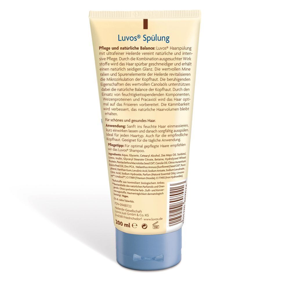 Rückseite der Tube Luvos Spülung. Text: Pflege und natürliche Balance. Inhaltsstoffe. 200 ml.
