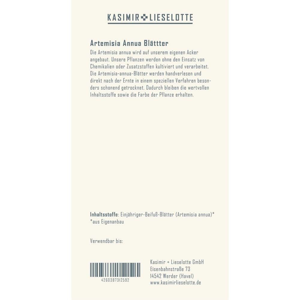 Rückseite eines Etiketts mit Text. Informationen zu ARTEMISIA ANNUA Blättern.