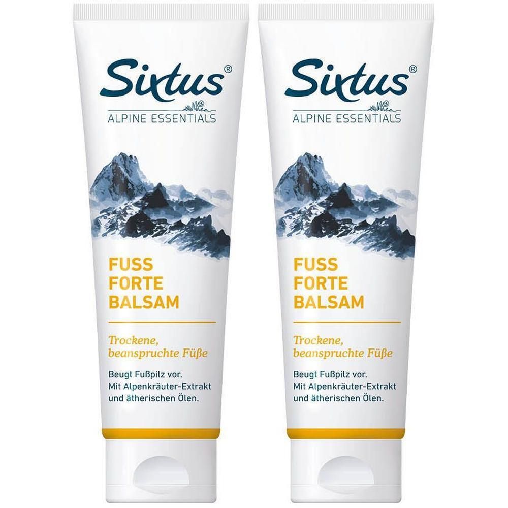 Zwei Tuben Sixtus® Fuß Forte Balsam. Weiße Tuben mit blauem Logo und Bergmotiv. Text: Fuß Forte Balsam, für trockene Füße.