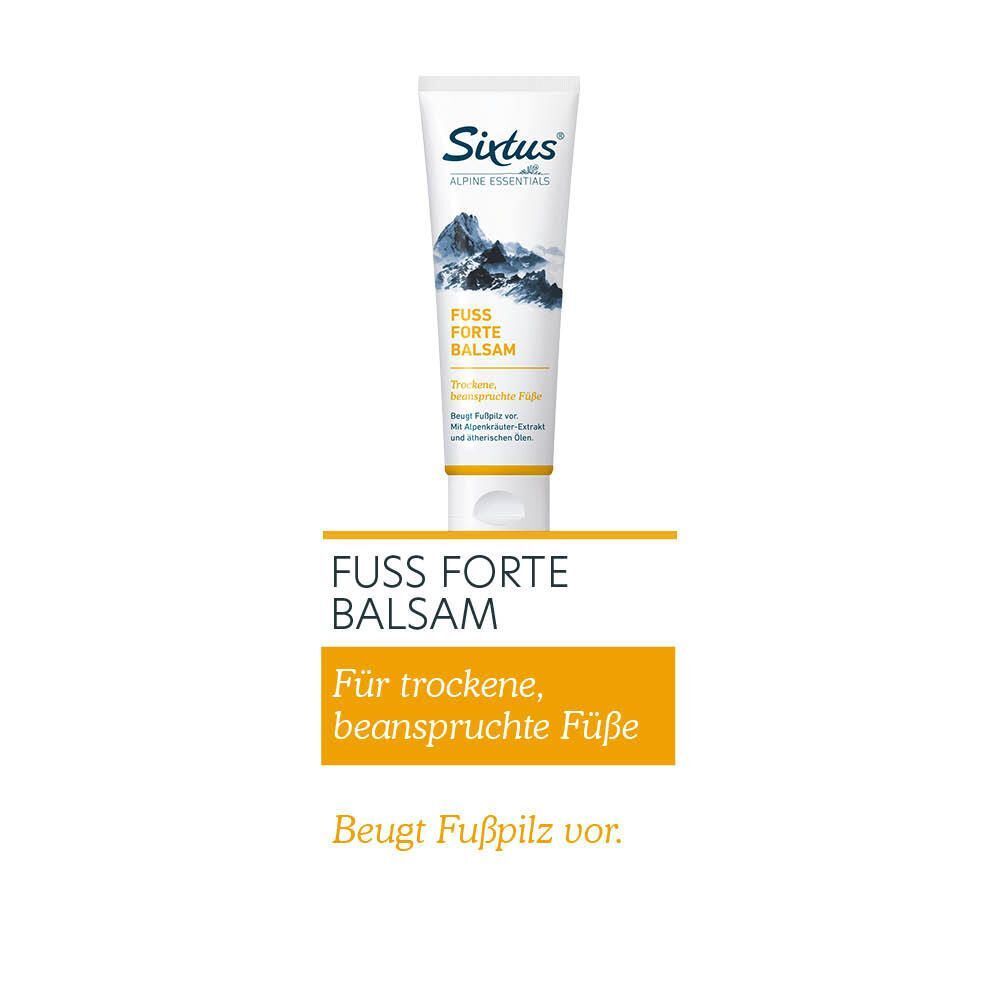 Sixtus® Fuß Forte Balsam Tube. Weiße Tube mit blauem Logo und Bergmotiv. Text: Fuß Forte Balsam, für trockene Füße. Auf gelbem Balken.