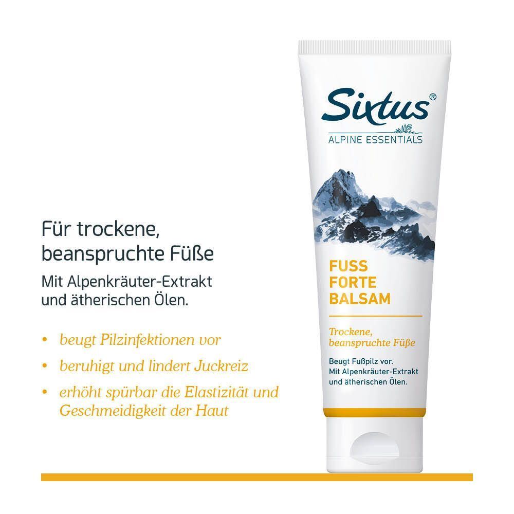 Sixtus® Fuß Forte Balsam Tube. Weiße Tube mit blauem Logo und Bergmotiv. Text: Fuß Forte Balsam, für trockene Füße. Zusätzlicher Text.