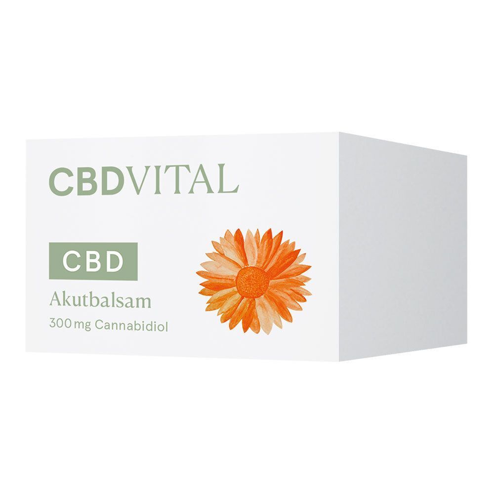 Weiße Schachtel mit CBDVITAL Akutbalsam. Aufschrift: CBD, Akutbalsam, und eine orangefarbene Blüte.