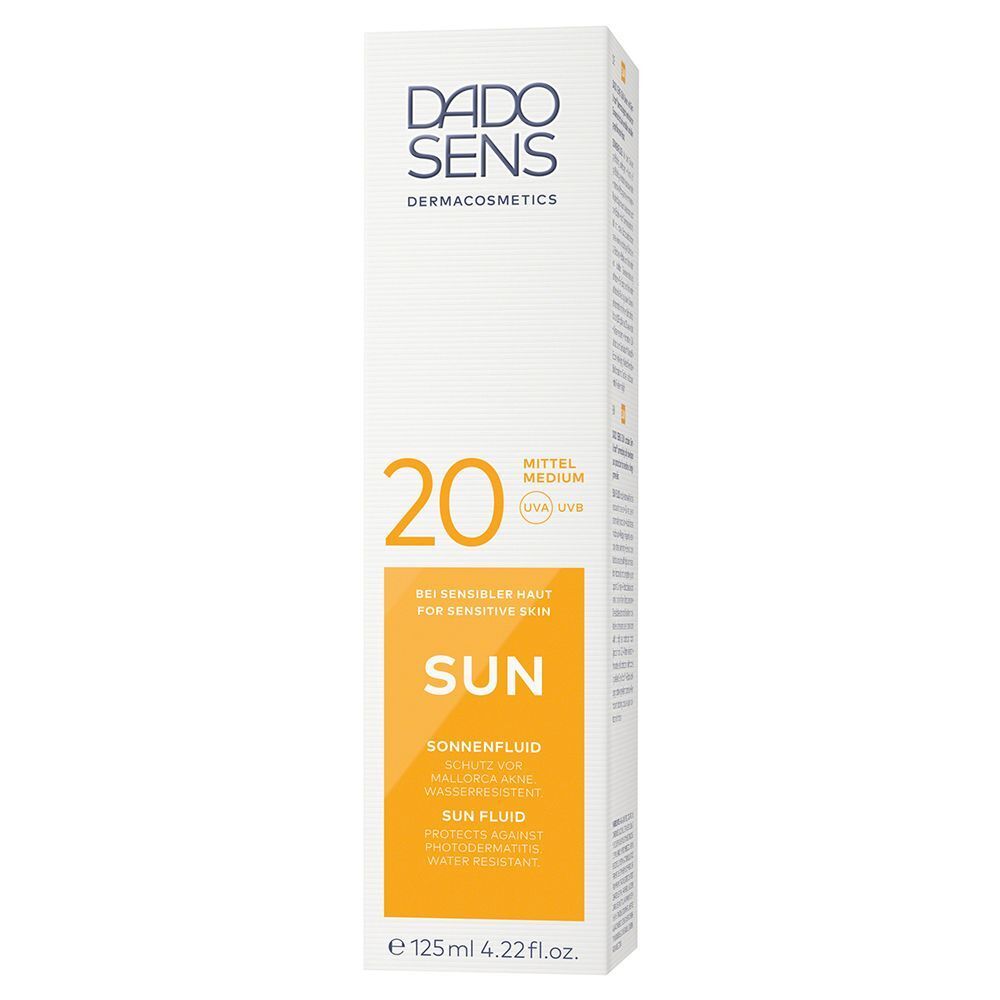 Weiße Verpackung DADO SENS Sonnenfluid LSF 20, 125ml.