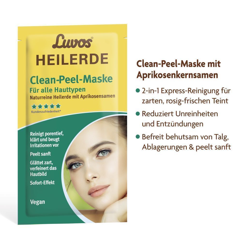 Gelber Beutel mit Produktaufdruck. Text: Luvos Heilerde Clean-Peel-Maske. Abbildung eines Gesichts. Vegan. Text: Express-Reinigung.