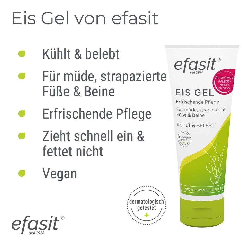 Eis Gel von efasit. Text: Kühlt & belebt, Für müde Füße & Beine, Erfrischende Pflege, Zieht schnell ein & fettet nicht, Vegan. Dermatologisch getestet.
