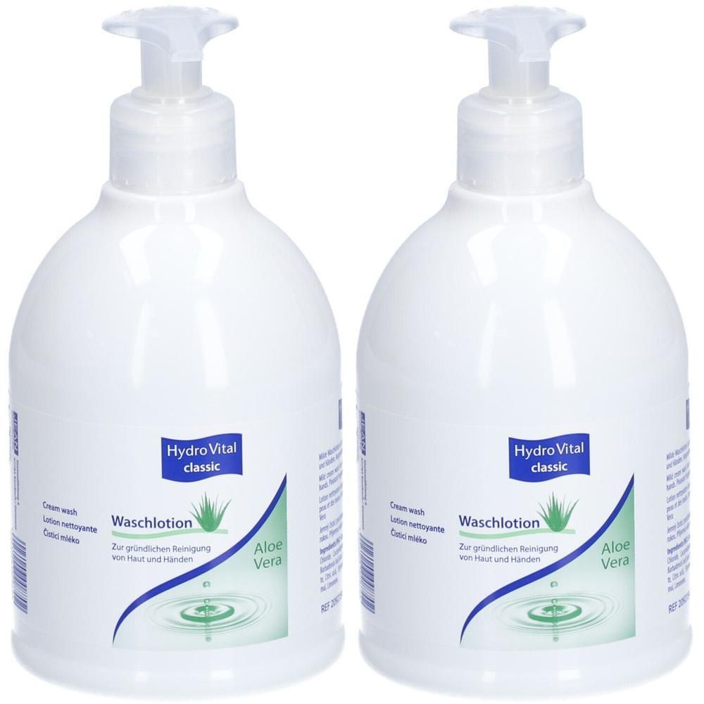 Zwei weiße Flaschen mit Pumpverschluss. Aufkleber mit HydroVital classic, Waschlotion und Aloe Vera. Text in Deutsch und Englisch.