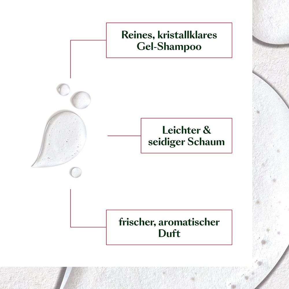 Nahaufnahme von Shampoo-Tropfen. Text: Reines, kristallklares Gel-Shampoo, leichter & seidiger Schaum, frischer, aromatischer Duft.
